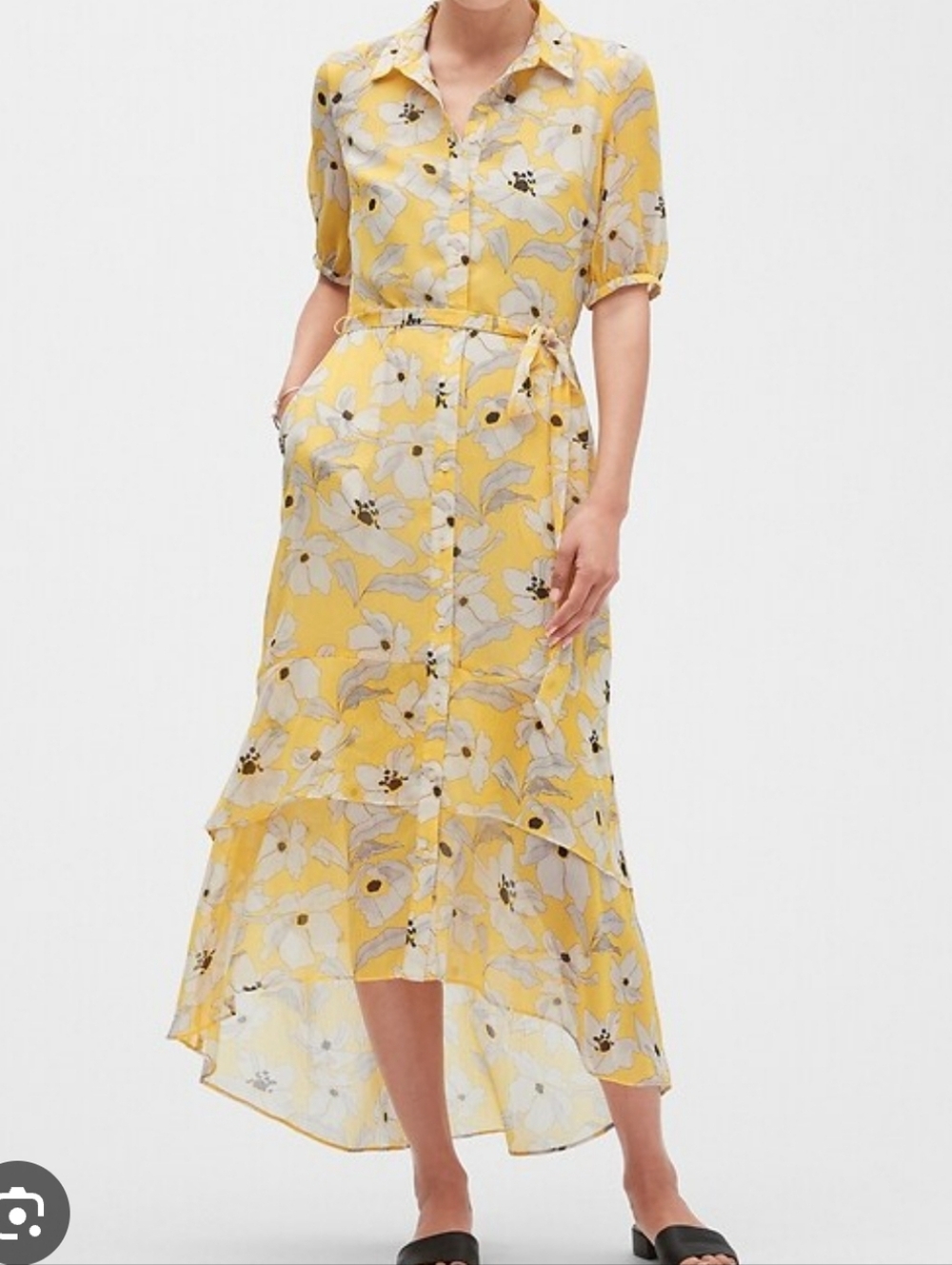 Banana Republic Factory Yellow Floral Midi Maxi Shirt Dress Flouncy Girly 8